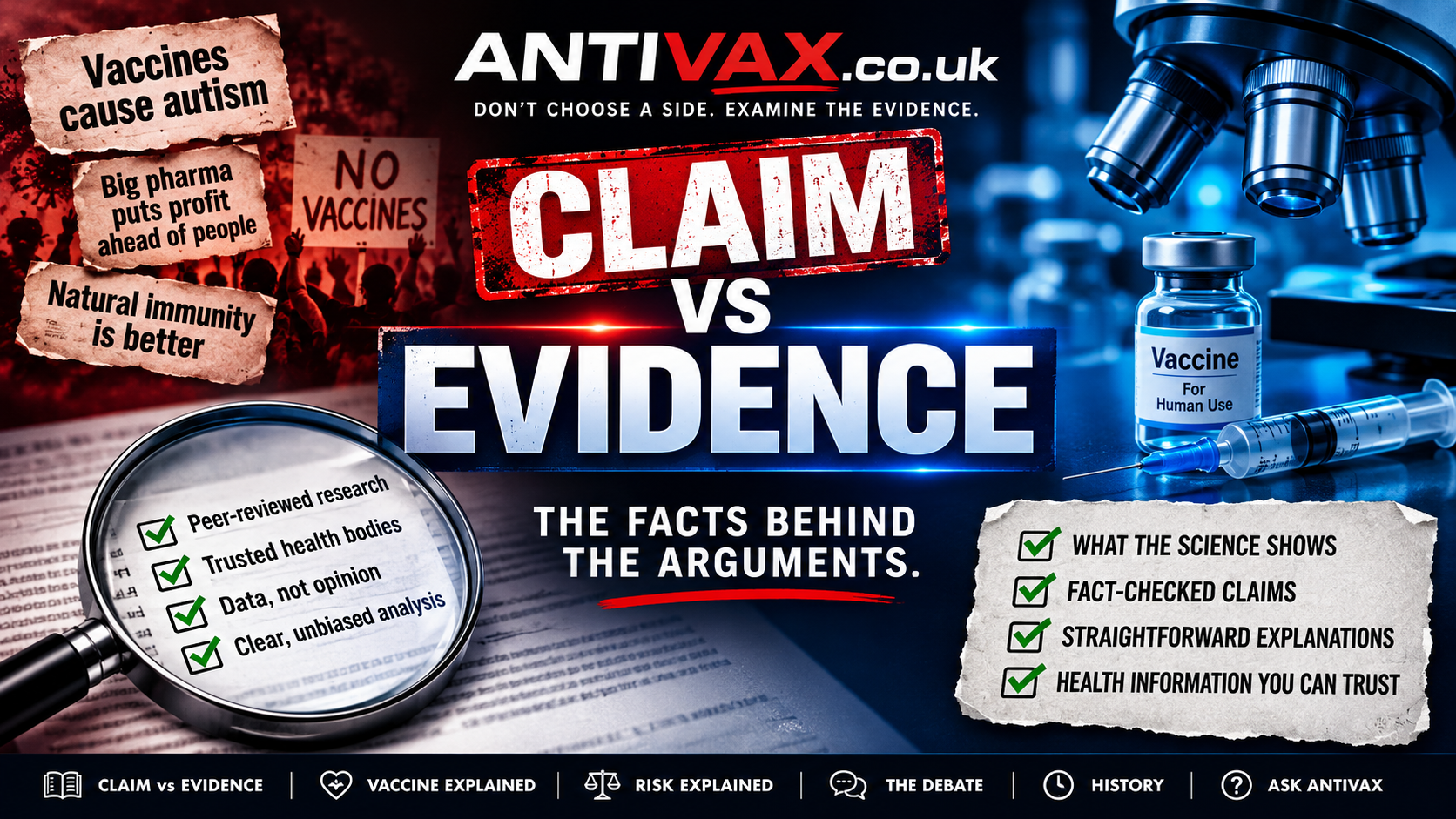 Claim versus evidence concept graphic for the ANTIVAX.co.uk Claim Library